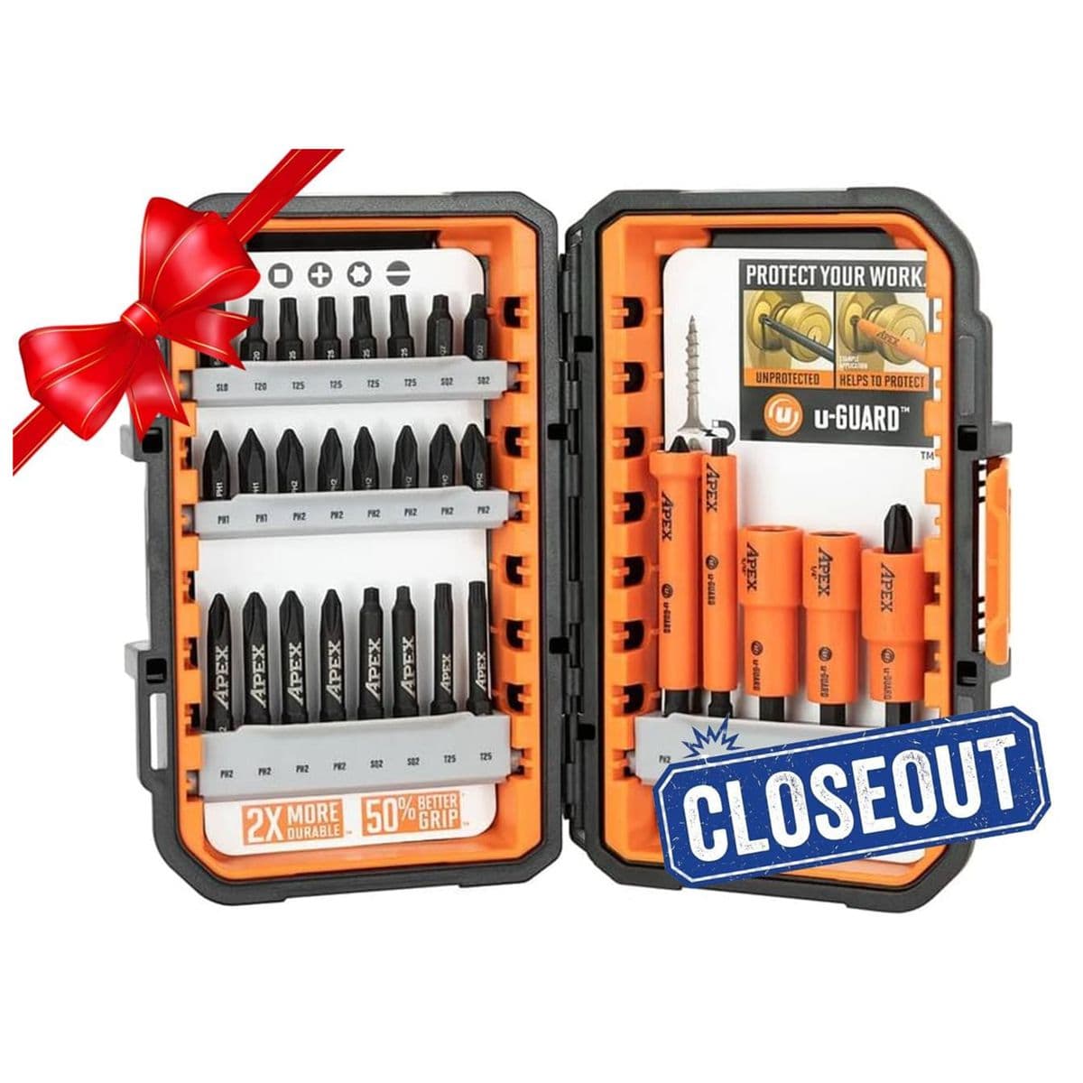 Open Crescent APEX 30-piece fastening bit set displayed in a black and orange alphaCASE storage box. The left side shows rows of labeled bits including Phillips, Torx, and slotted types, with a label reading "2X MORE DURABLE - 50% BETTER GRIP." The right side features orange u-GUARD non-marring sleeves over magnetic nutsetters and bits, with a promotional card highlighting protection benefits. A red ribbon in the corner suggests the set is gift-ready.