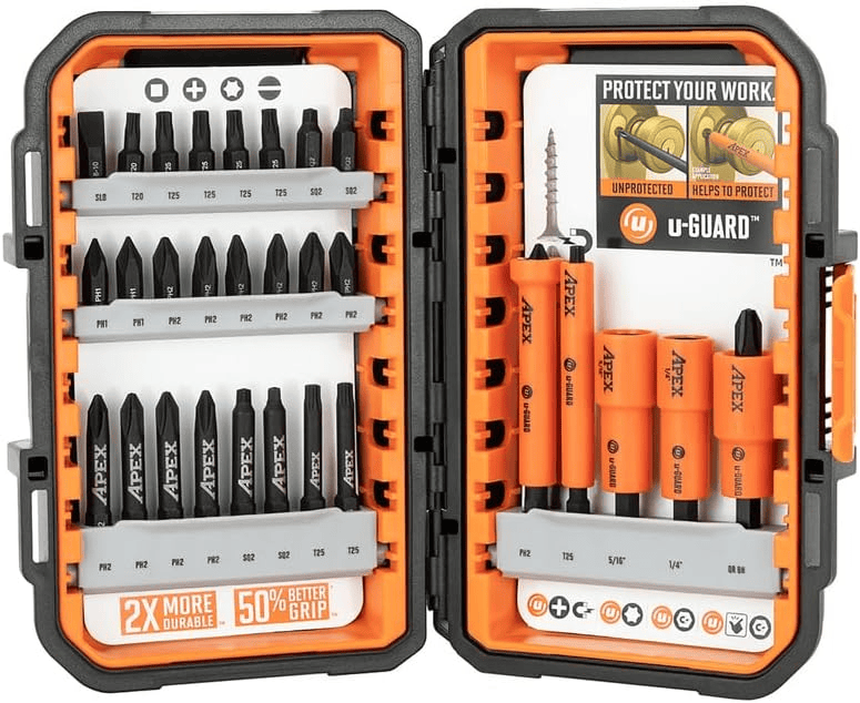 Open Crescent APEX fastening bit set in alphaCASE with organized rows of bits and nut drivers. Left side includes labeled bits like SL8, T10, PH2, and S2. Right side features orange u-GUARD sleeves and a promotional insert comparing protected versus unprotected tools. Icons indicate compatibility and performance features.