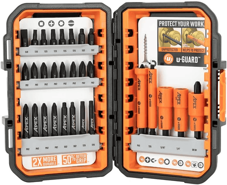 Open Crescent APEX fastening bit set in alphaCASE with organized rows of bits and nut drivers. Left side includes labeled bits like SL8, T10, PH2, and S2. Right side features orange u-GUARD sleeves and a promotional insert comparing protected versus unprotected tools. Icons indicate compatibility and performance features.