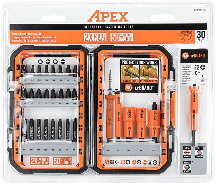 Packaged Crescent APEX AUGSET-30 fastening bit set with 30 pieces. Left compartment shows labeled bits like PH2, T25, T20, and T10. Right compartment features orange u-GUARD sleeves and a screwdriver handle. Packaging highlights impact rating, non-magnetic features, and safety benefits for industrial use