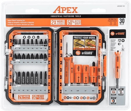 Packaged Crescent APEX AUGSET-30 fastening bit set with 30 pieces. Left compartment shows labeled bits like PH2, T25, T20, and T10. Right compartment features orange u-GUARD sleeves and a screwdriver handle. Packaging highlights impact rating, non-magnetic features, and safety benefits for industrial use