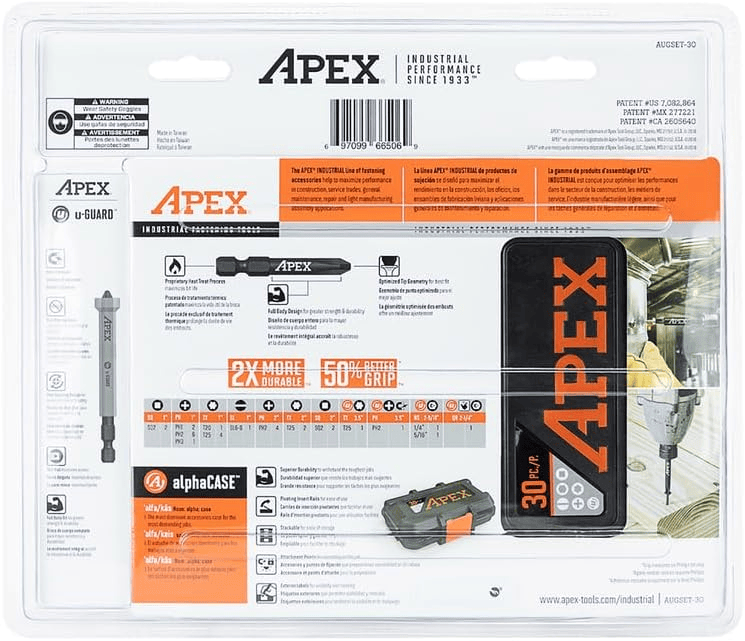 Back packaging of Crescent APEX AUGSET-30 fastening bit set. Text highlights industrial-grade durability, 2X hardness, and 50% better grip. Bit sizes and types are listed in English, French, and Spanish. Diagrams and icons show product features, including u-GUARD protection and alphaCASE storage benefits