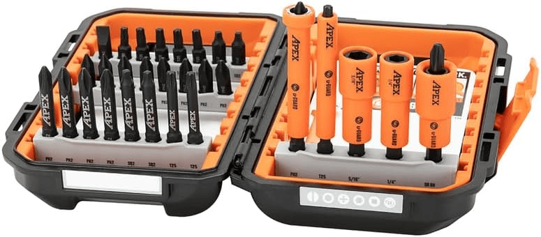 Open Crescent APEX fastening bit set in a black and orange alphaCASE. Bits are labeled PH2, T15, T25, and others, organized in rows. Orange u-GUARD sleeves cover nutsetters labeled 5/16", 1/4", and T25. The layout supports quick identification and efficient use for impact-rated fastening tasks.
