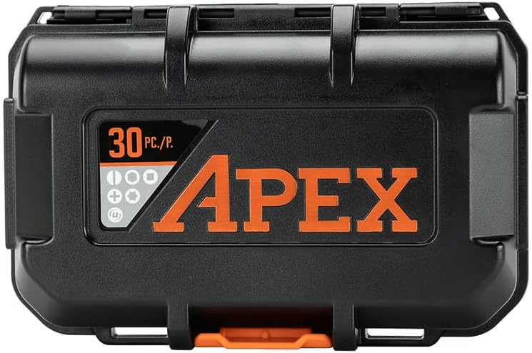 Front view of Crescent APEX alphaCASE tool box with bold orange branding and "30 PC./P." label. Icons below indicate included bit types such as Phillips, slotted, Torx, and hex. The reinforced edges and secure latch suggest durability and portability for professional use.