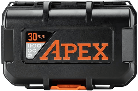 Front view of Crescent APEX alphaCASE tool box with bold orange branding and "30 PC./P." label. Icons below indicate included bit types such as Phillips, slotted, Torx, and hex. The reinforced edges and secure latch suggest durability and portability for professional use.