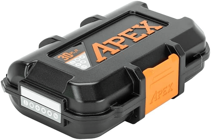 Closed Crescent APEX alphaCASE with orange latch and rugged black exterior, labeled "30 R.F." and "100." Icons on the case suggest features like waterproofing and shock resistance. The design indicates industrial-grade protection for storing fastening bits and accessories.