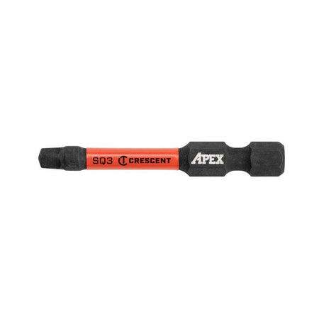 Side profile view of the 2-inch #3 square drive impact bit showing the red identification band, Crescent APEX logo, and power groove hex shank.