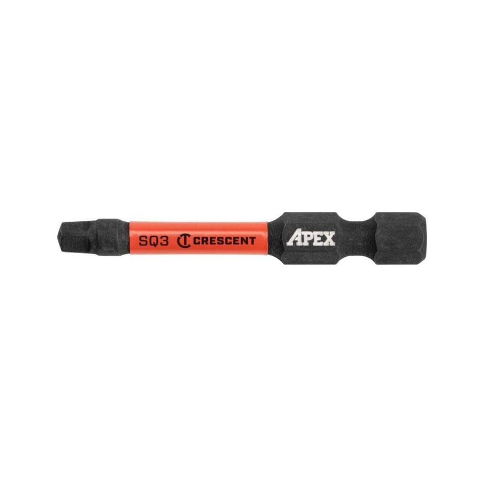 Side profile view of the 2-inch #3 square drive impact bit showing the red identification band, Crescent APEX logo, and power groove hex shank.
