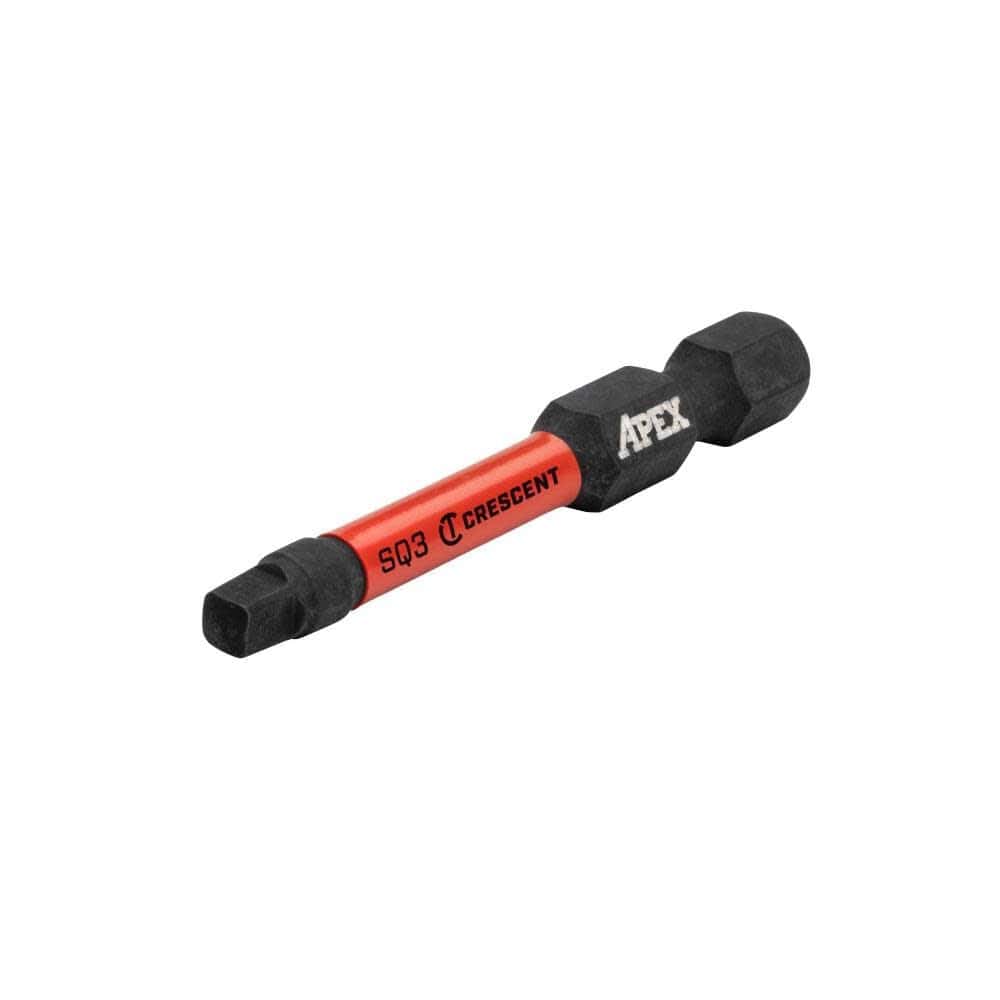 Angled studio view of the Crescent APEX #3 square impact power bit displaying the black oxide finish, red SQ3 identification sleeve, and 1/4 inch hex shank.