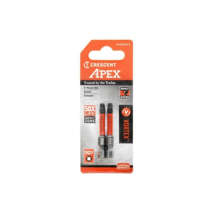 Front view of the retail packaging for the Crescent APEX 2-piece power bit set featuring the Vortex logo, 50X life claim, and SQ3 size indication.