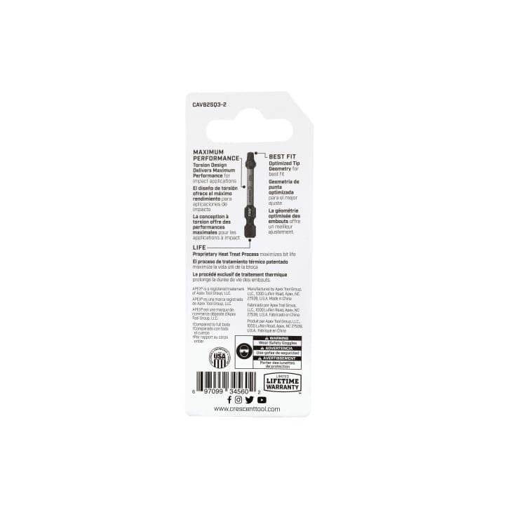 Rear view of the retail packaging card detailing features such as the torsion design for impact applications, optimized tip geometry, and proprietary heat treat process.