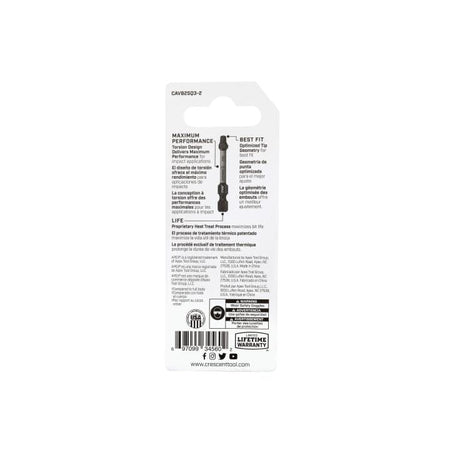 Rear view of the retail packaging card detailing features such as the torsion design for impact applications, optimized tip geometry, and proprietary heat treat process.