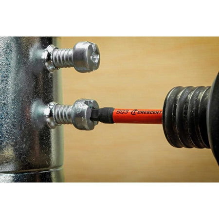 Close-up action shot of the Crescent APEX #3 square bit driving a large metal screw into a metal fixture.