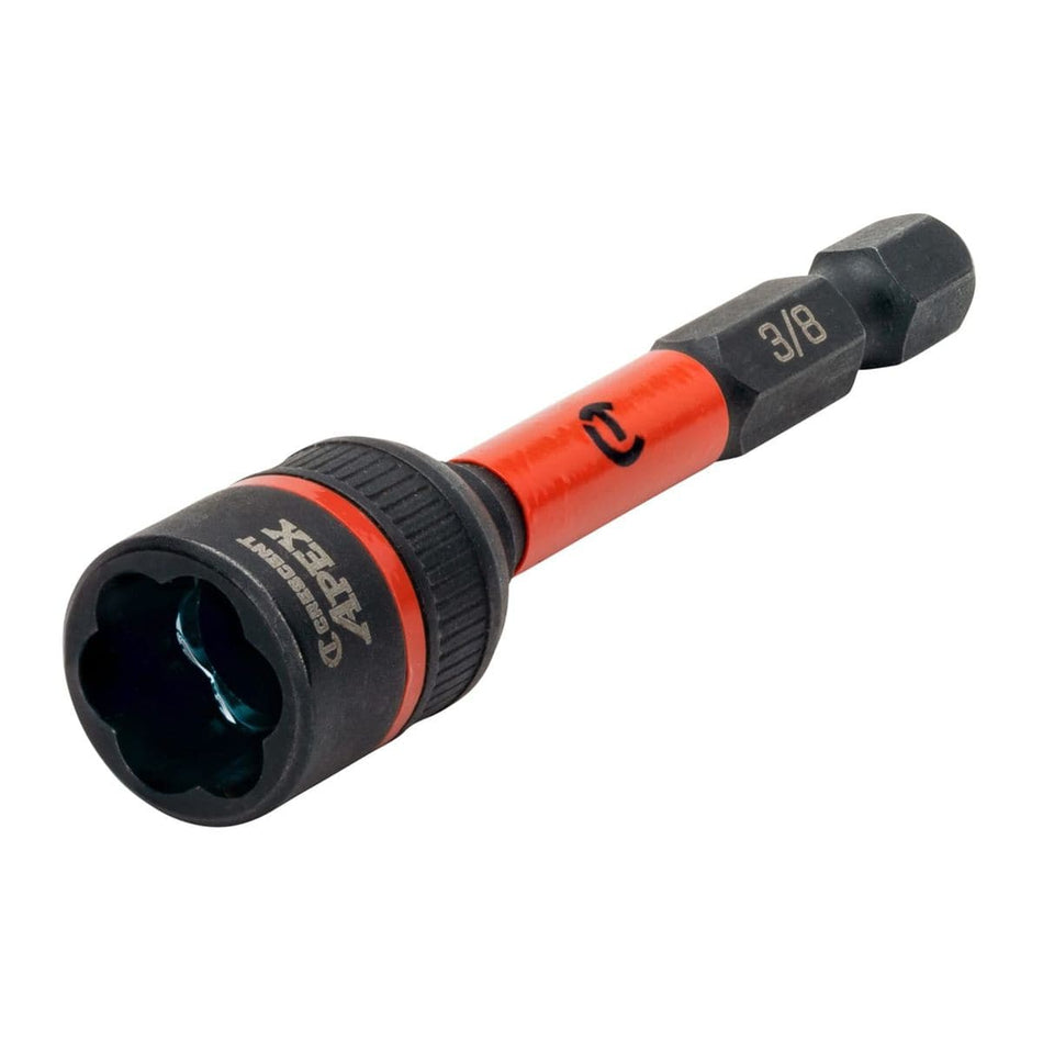 Angled product shot of the Crescent APEX CAVBX2D24 3/8-inch Bolt Biter impact nut extractor on a white background, featuring a black oxide socket, high-visibility orange impact zone, and a 1/4-inch hex shank.