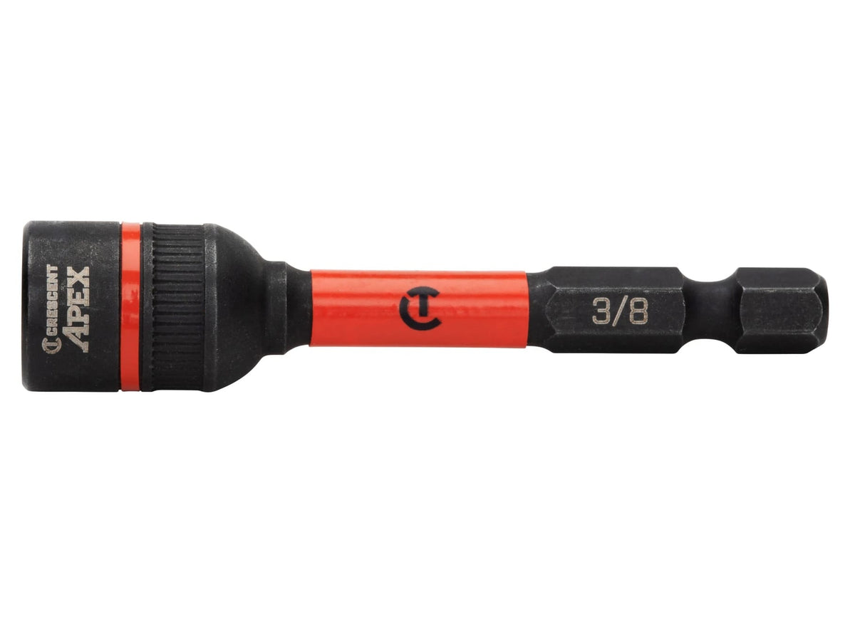 Side profile view of the Crescent APEX 3/8-inch Bolt Biter driver socket for damaged fasteners, displaying the clear laser-etched sizing, orange torsion zone, and universal 1/4-inch hex shank.