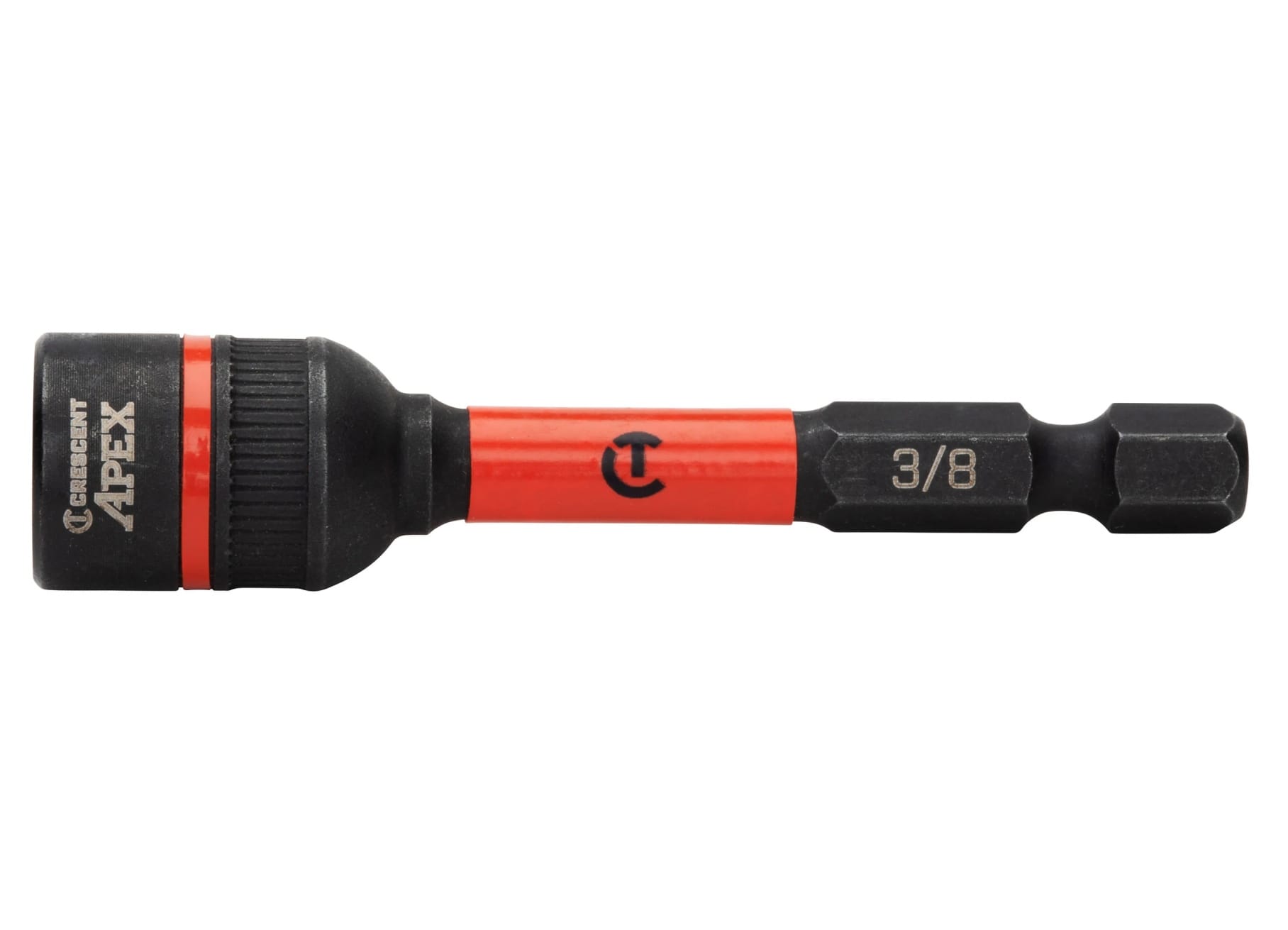 Side profile view of the Crescent APEX 3/8-inch Bolt Biter driver socket for damaged fasteners, displaying the clear laser-etched sizing, orange torsion zone, and universal 1/4-inch hex shank.
