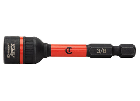 Side profile view of the Crescent APEX 3/8-inch Bolt Biter driver socket for damaged fasteners, displaying the clear laser-etched sizing, orange torsion zone, and universal 1/4-inch hex shank.