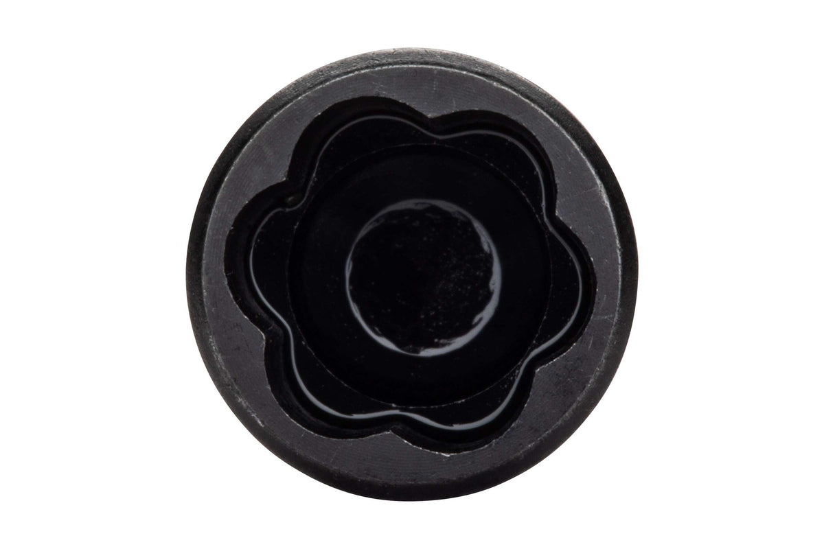 Top-down close-up view looking inside the socket of the Crescent APEX 3/8-inch Bolt Biter, showing the unique tapered flute bi-directional design engineered to securely grip severely rounded or rusted fasteners.