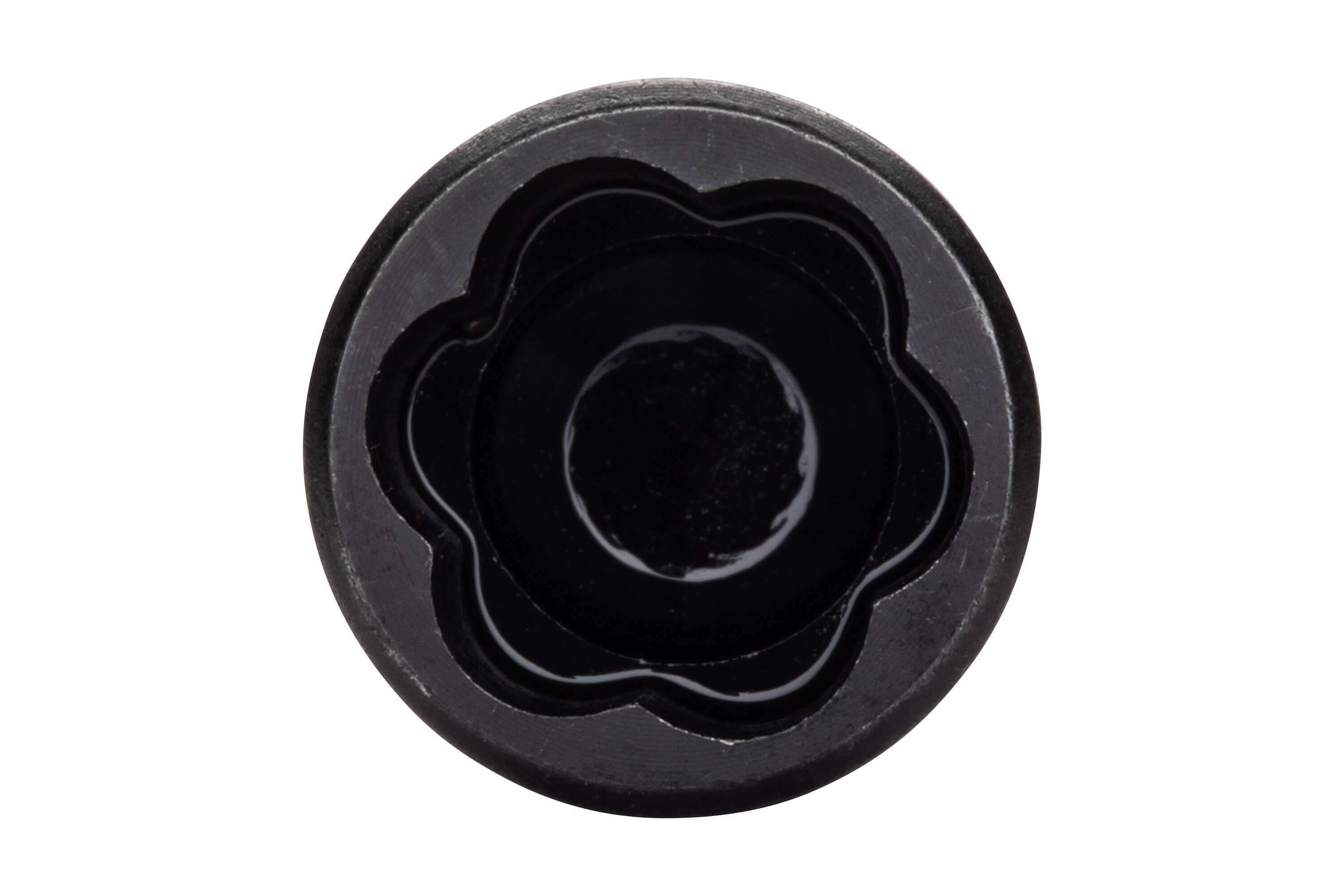 Top-down close-up view looking inside the socket of the Crescent APEX 3/8-inch Bolt Biter, showing the unique tapered flute bi-directional design engineered to securely grip severely rounded or rusted fasteners.