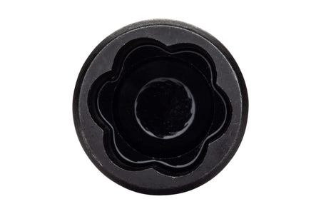 Top-down close-up view looking inside the socket of the Crescent APEX 3/8-inch Bolt Biter, showing the unique tapered flute bi-directional design engineered to securely grip severely rounded or rusted fasteners.