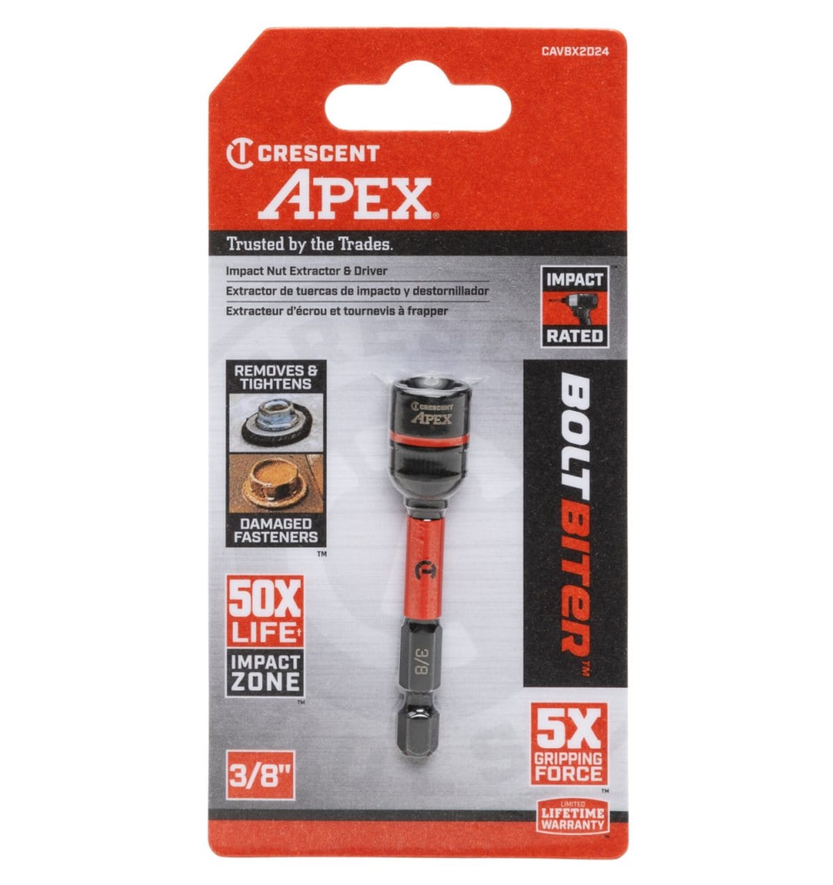 Front view of the retail packaging for the Crescent APEX 3/8-inch Bolt Biter impact nut extractor and driver, showcasing its impact-rated capability to both remove and tighten damaged fasteners.