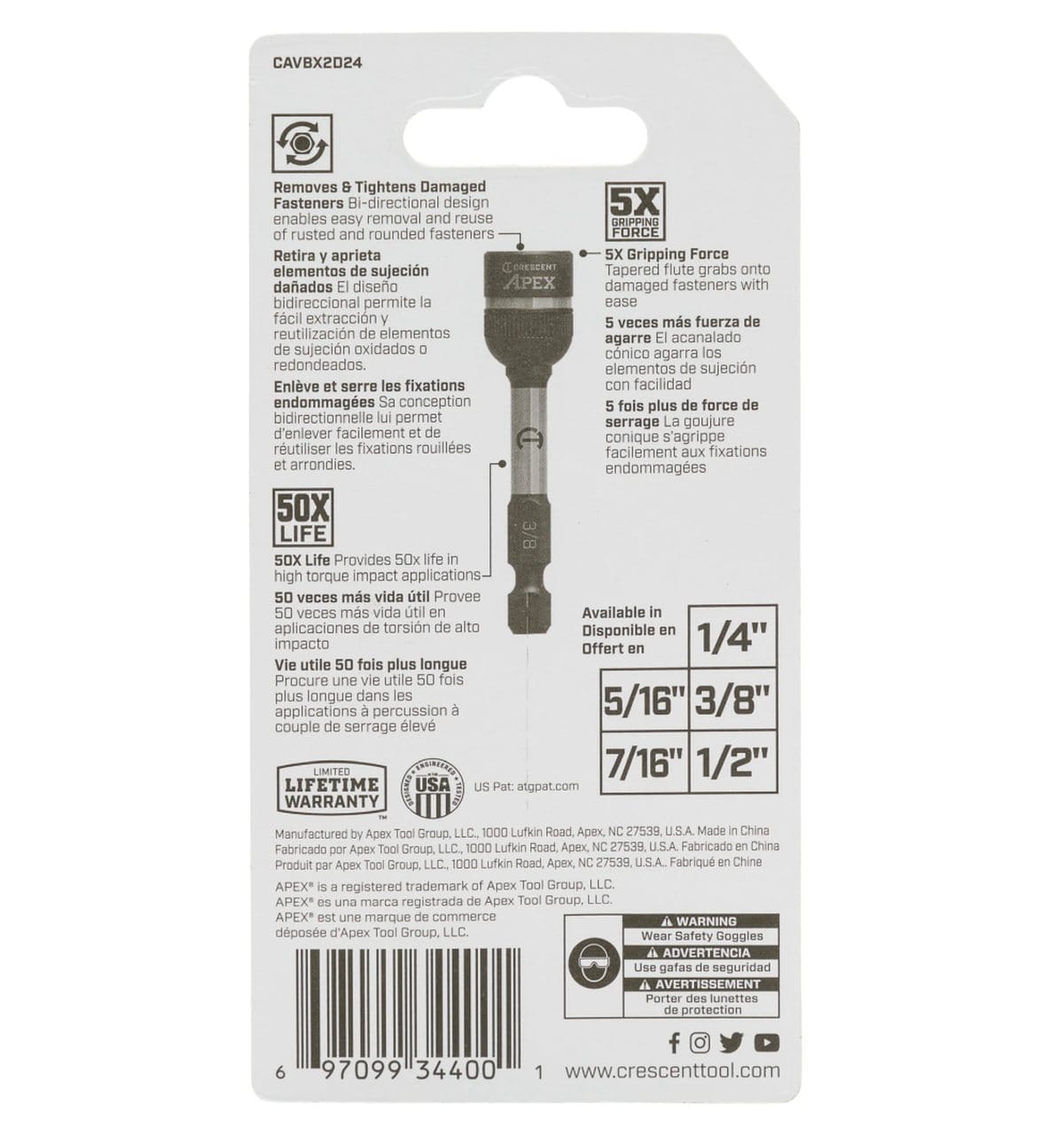 Back of the retail packaging for the Crescent CAVBX2D24 Bolt Biter, detailing the 5x gripping force, 50x life impact rating, and a chart of available extractor socket sizes from 1/4-inch to 1/2-inch.