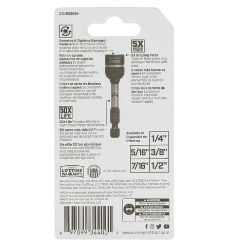Back of the retail packaging for the Crescent CAVBX2D24 Bolt Biter, detailing the 5x gripping force, 50x life impact rating, and a chart of available extractor socket sizes from 1/4-inch to 1/2-inch.