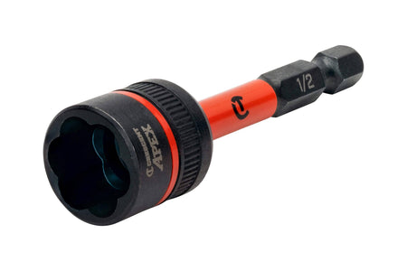 Angled studio product shot of the Crescent APEX CAVBX2D32 1/2-inch Bolt Biter impact nut extractor, featuring a black oxide socket, high-visibility orange torsion zone, and a 1/4-inch hex shank on a white background.