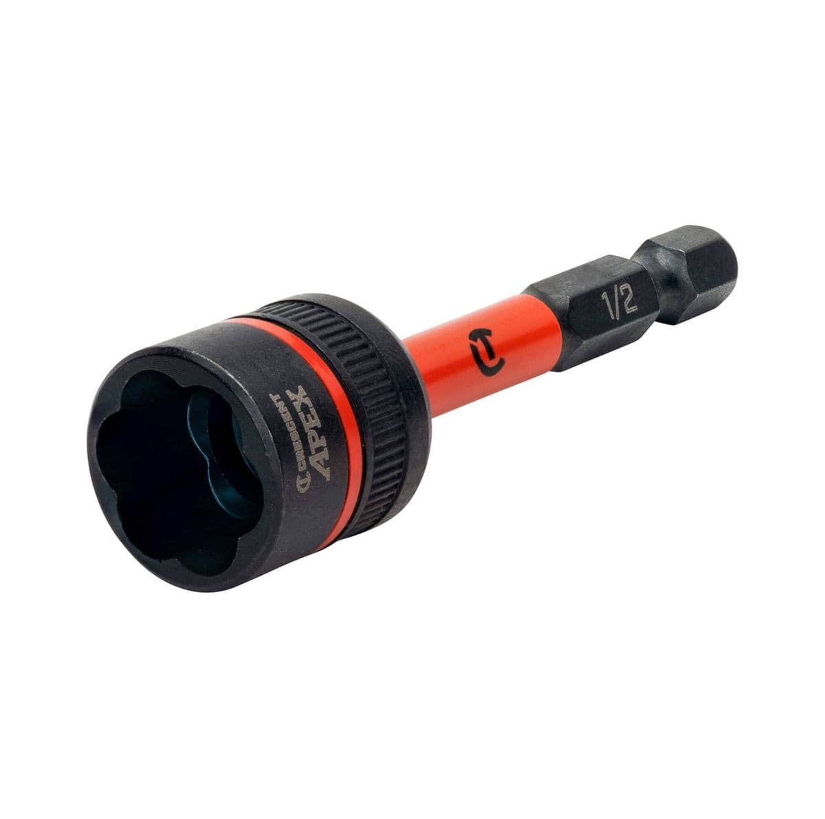 Angled studio product shot of the Crescent APEX CAVBX2D32 1/2-inch Bolt Biter impact nut extractor, featuring a black oxide socket, high-visibility orange torsion zone, and a 1/4-inch hex shank on a white background.