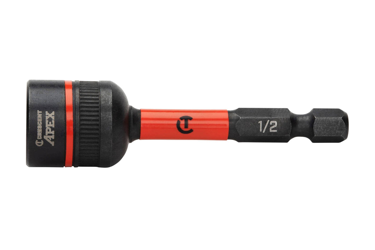 Side profile view of the Crescent APEX 1/2-inch Bolt Biter extractor socket, showing the clear laser-etched "1/2" sizing on the 1/4-inch hex shank and the bright orange impact-absorbing central shaft.
