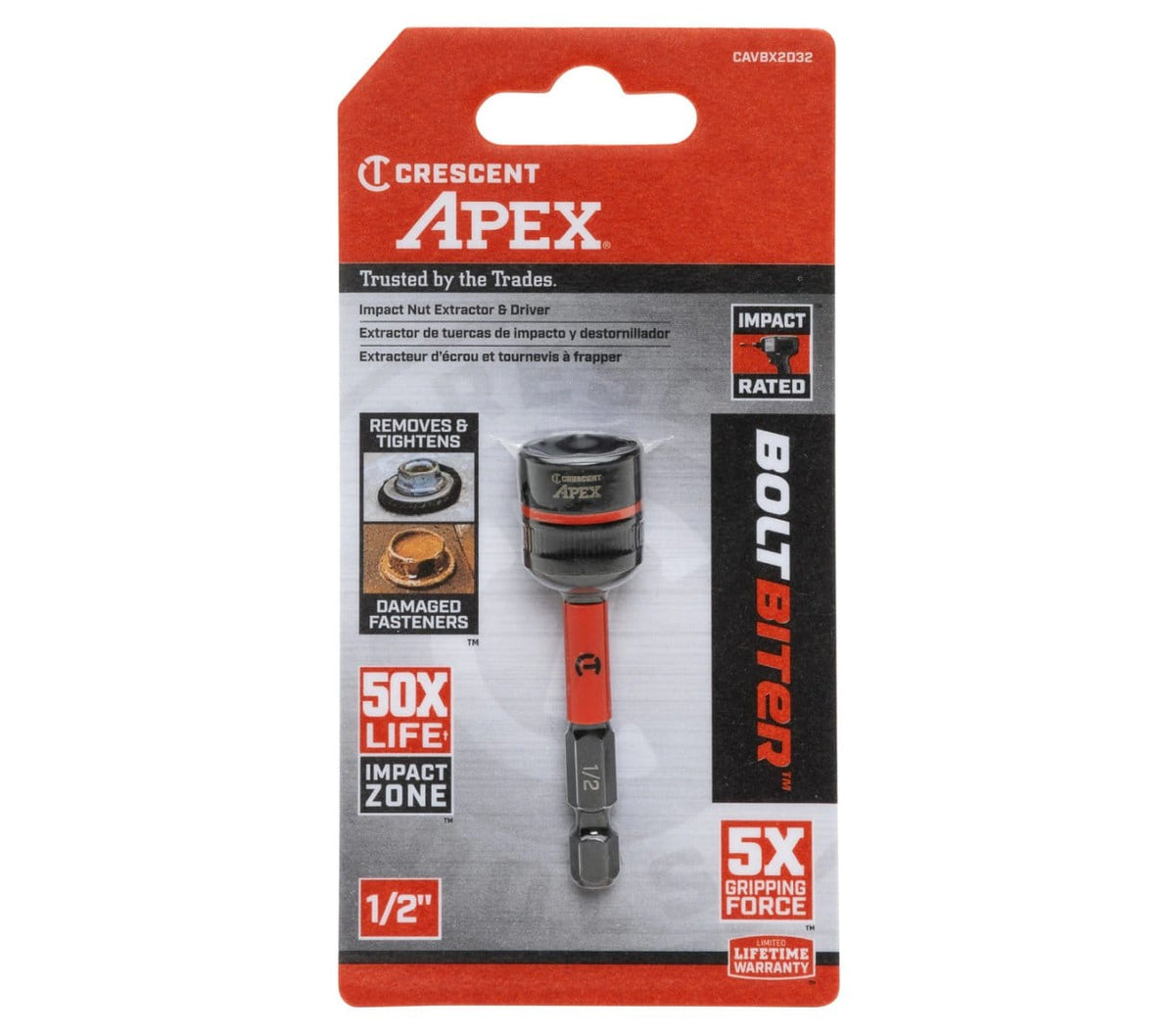 Front view of the retail blister card packaging for the Crescent APEX 1/2-inch Bolt Biter impact nut extractor, highlighting its 50x life impact zone and capability to both remove and tighten damaged fasteners.