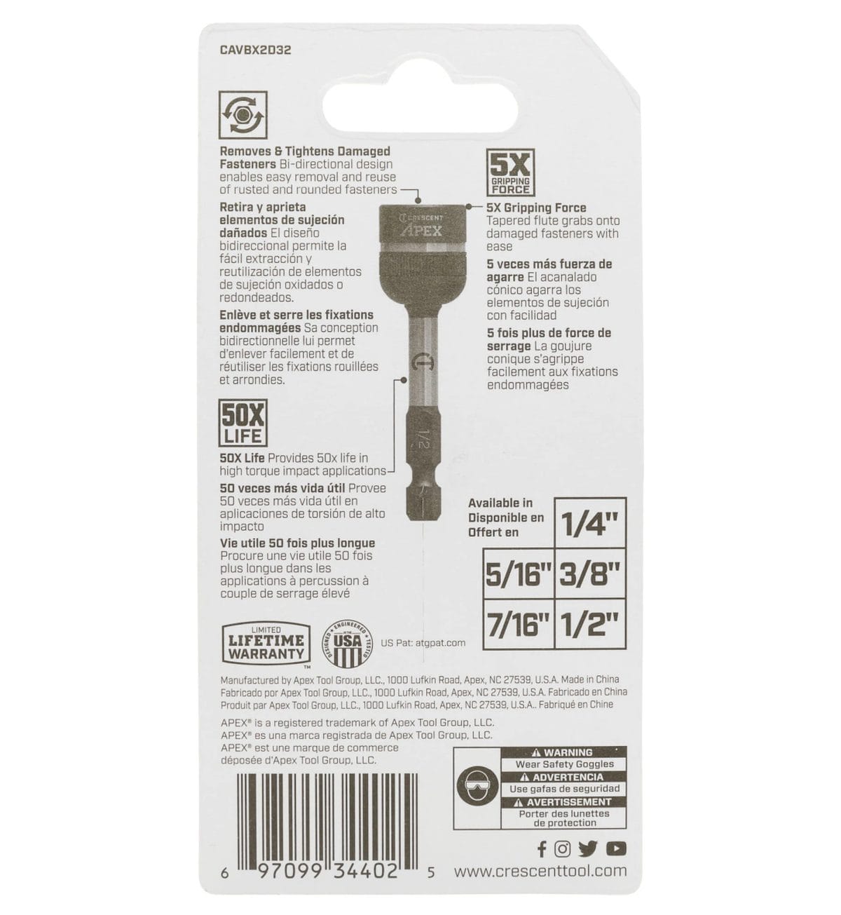 Back view of the retail packaging for the Crescent CAVBX2D32 Bolt Biter, detailing the 5x gripping force, impact rating, and displaying a chart of available extractor socket sizes from 1/4-inch to 1/2-inch.