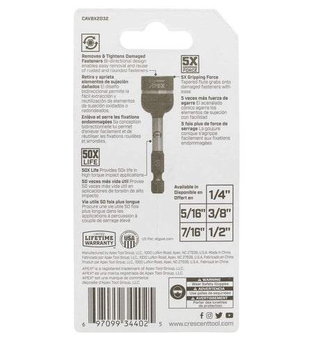 Back view of the retail packaging for the Crescent CAVBX2D32 Bolt Biter, detailing the 5x gripping force, impact rating, and displaying a chart of available extractor socket sizes from 1/4-inch to 1/2-inch.