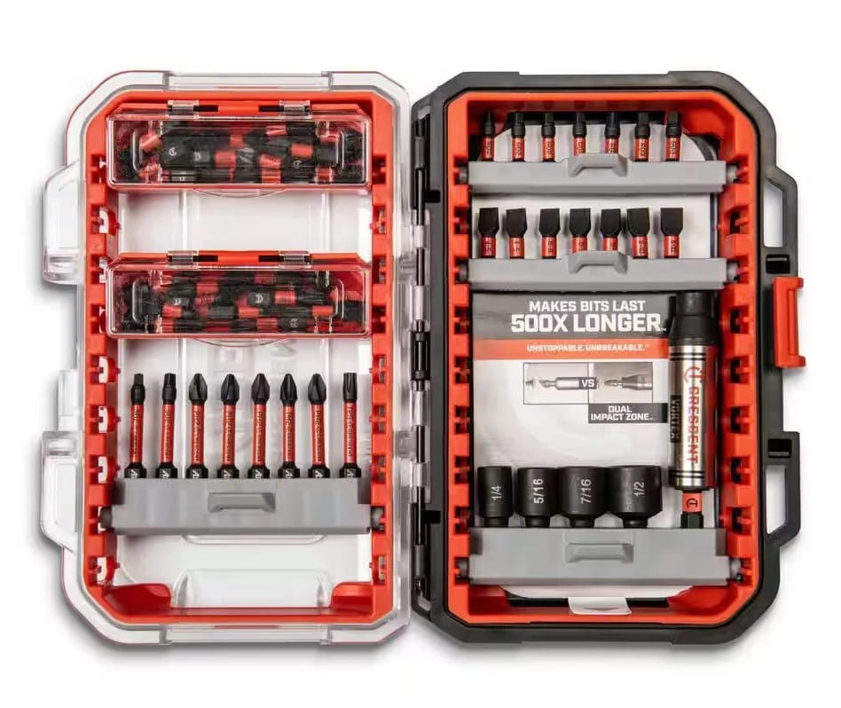 Full view of the open Crescent APEX Vortex 55-piece bit set case, displaying organized red and black impact bits and nut drivers.