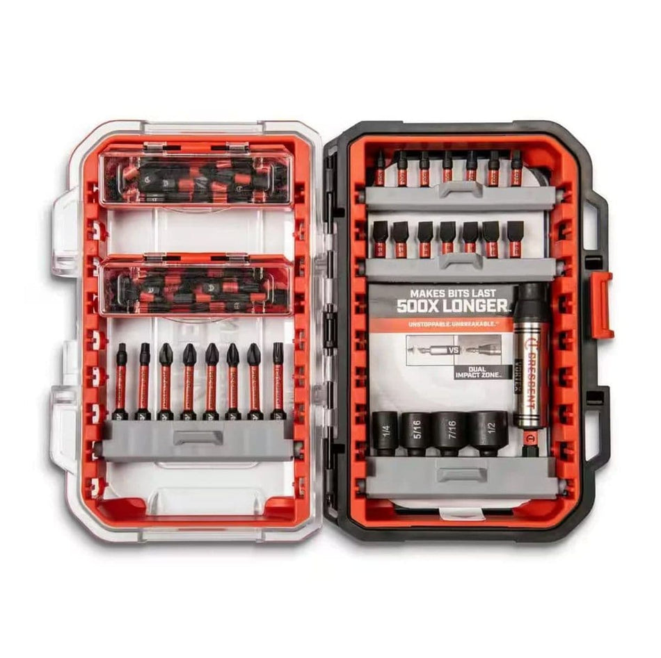 Full view of the open Crescent APEX Vortex 55-piece bit set case, displaying organized red and black impact bits and nut drivers.