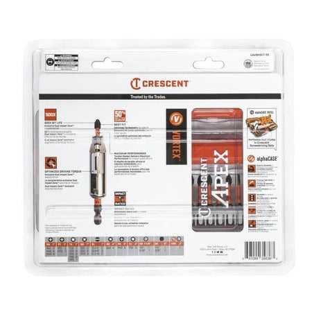 Back of the retail packaging for the Crescent APEX bit set showing feature callouts and specifications.