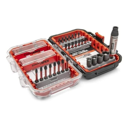 Angled view of the open 55-piece bit set case showing the dual-sided storage and variety of bit types.