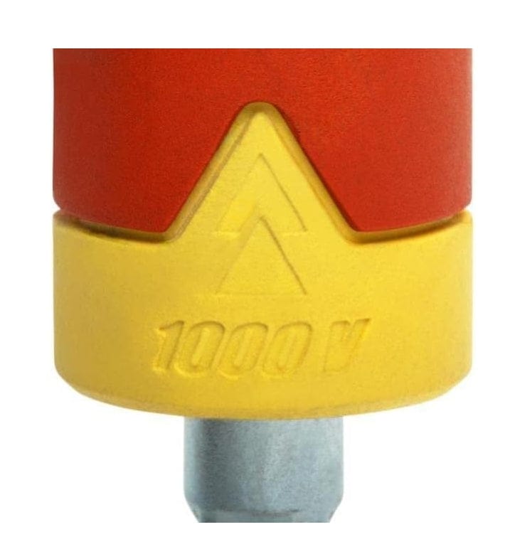 Macro detail shot of the yellow insulation collar, clearly showing the embossed "1000 V" rating and the double-triangle electrical safety symbol.