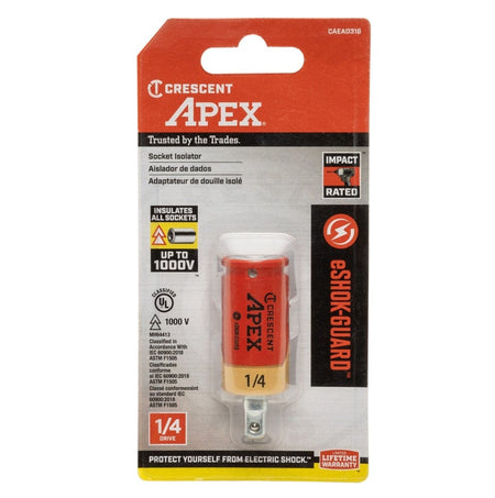 Retail packaging view showing the Socket Isolator in a clear blister pack with prominent badges reading "Impact Rated," "Insulates All Sockets," and "Up to 1000V".