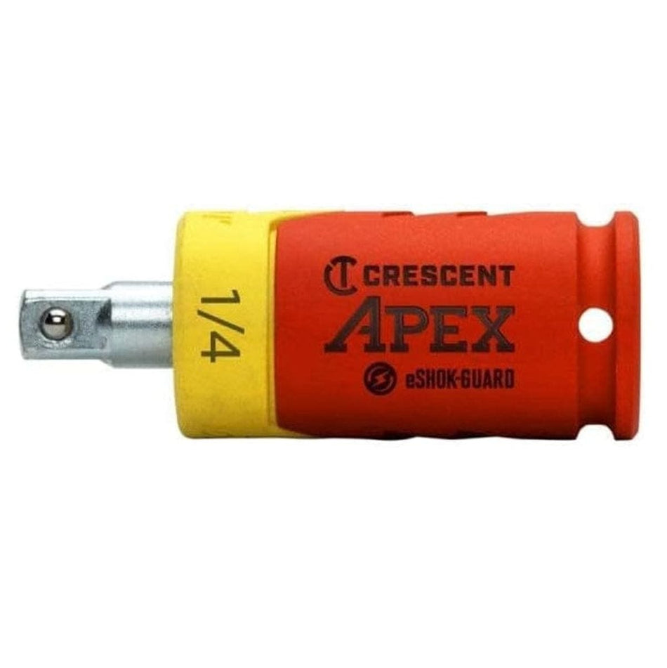 Side profile studio shot of the isolator, displaying the metal 1/4-inch square drive, the yellow isolation ring, and the orange body with the Crescent Apex logo.