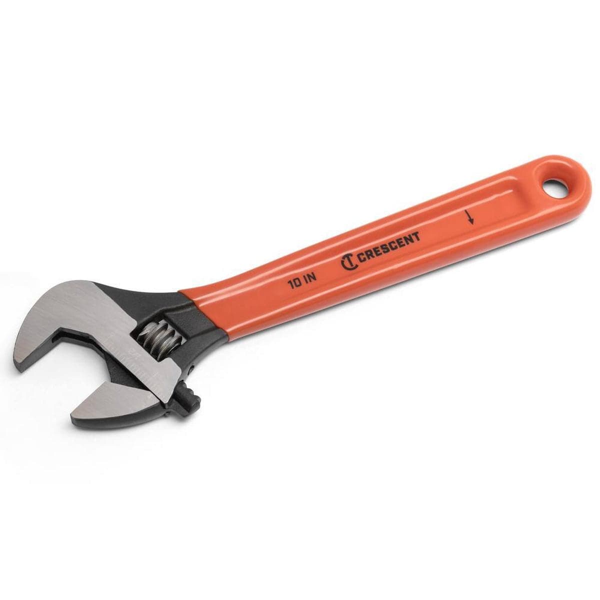 A studio profile view of the Crescent AT210CVS 10-inch adjustable wrench featuring a corrosion-resistant black oxide finish and a bright orange ergonomic cushion grip handle, shown against a clean white background.