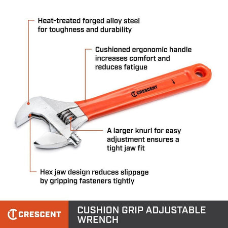 An informational feature callout diagram for the Crescent 10-inch cushion grip adjustable wrench, highlighting the heat-treated forged alloy steel, large knurl for easy adjustment, non-slip ergonomic handle, and anti-slip hex jaw design.
