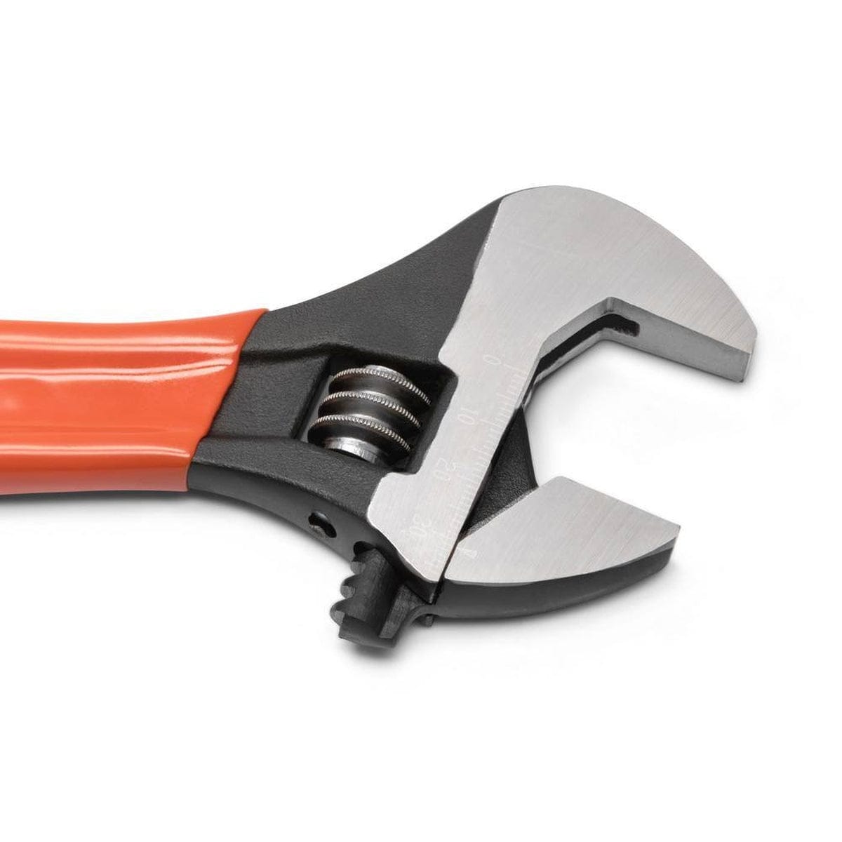 A detailed close-up of the black oxide Crescent adjustable wrench head, showcasing the precision-machined hex jaw and the high-visibility laser-etched metric scale for fast fastener sizing.