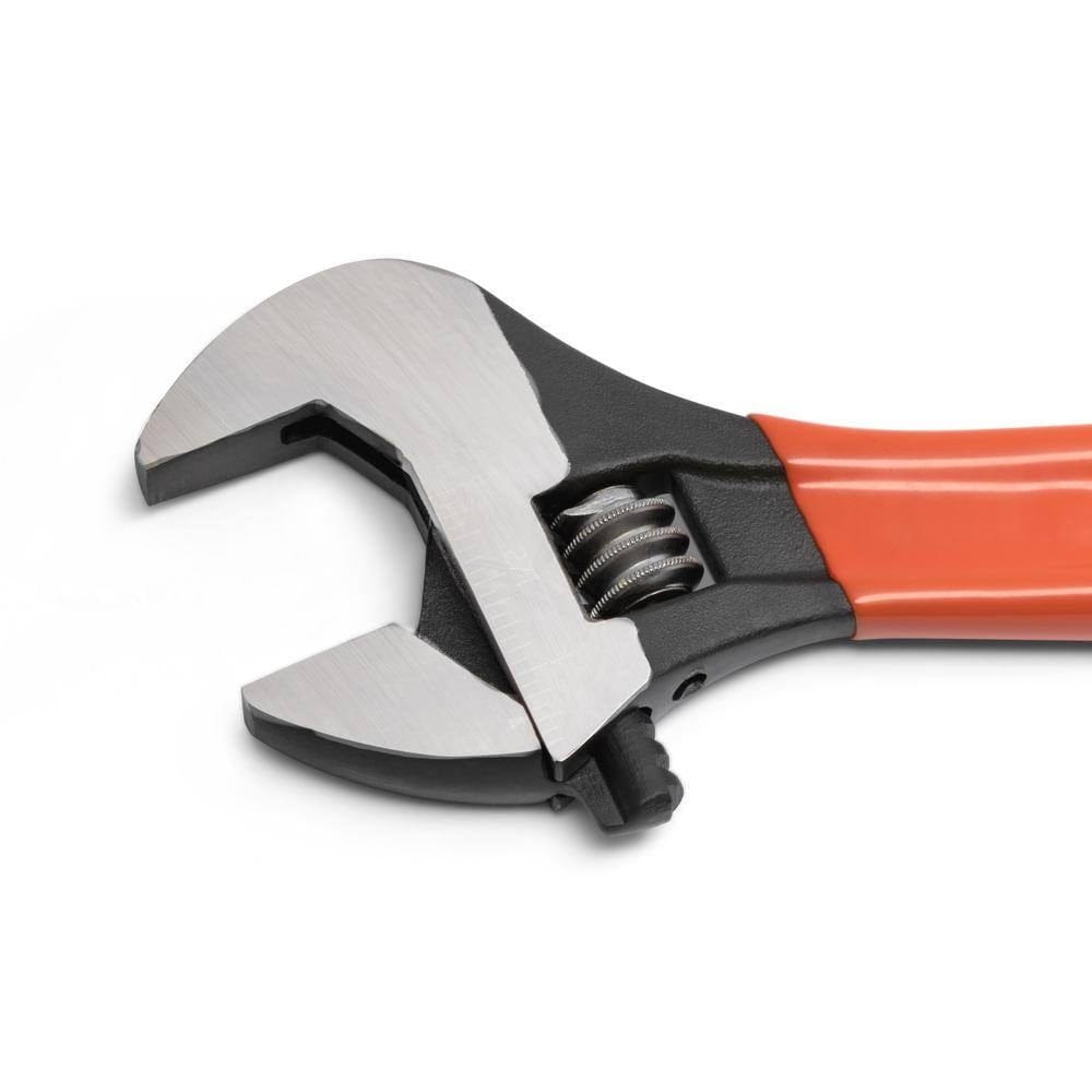 A close-up view of the Crescent 10-inch adjustable wrench head from the opposite side, highlighting the laser-etched fractional SAE scale and the durable black oxide finish.