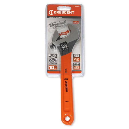 The Crescent AT210CVS 10-inch heavy-duty adjustable wrench with cushion grip secured in its original red and white retail carded packaging, emphasizing its wide 1-5/16 inch jaw capacity.