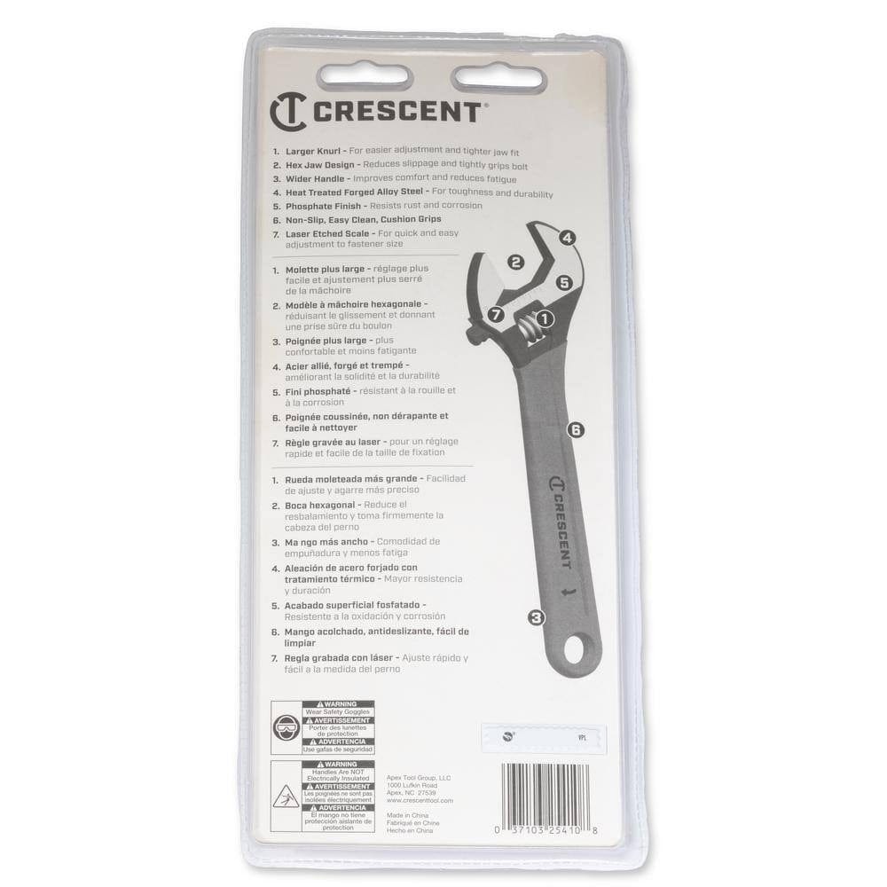 The back of the retail packaging for the Crescent 10-inch black oxide adjustable wrench, listing key technical features in multiple languages including the proportioned dimensions and forged alloy steel construction.