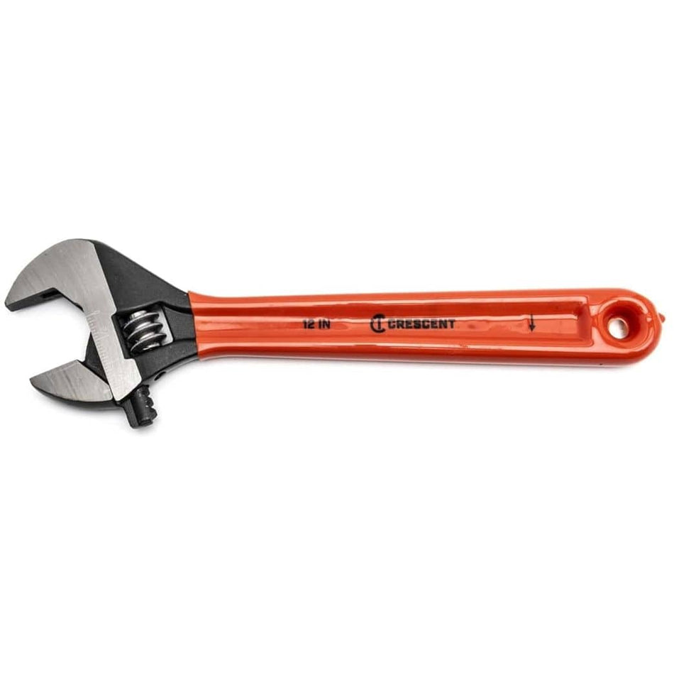 A studio profile view of the Crescent AT212CVS 12-inch adjustable wrench featuring a heavy-duty black oxide finish and a bright orange ergonomic cushion grip handle, shown against a clean white background.