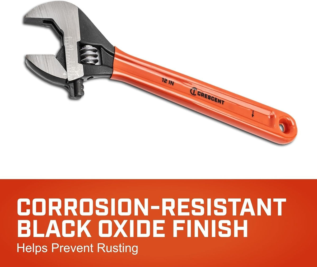 A high-impact marketing graphic with bold text stating corrosion-resistant black oxide finish helps prevent rusting, emphasizing the long-term durability of the Crescent professional hand tool.