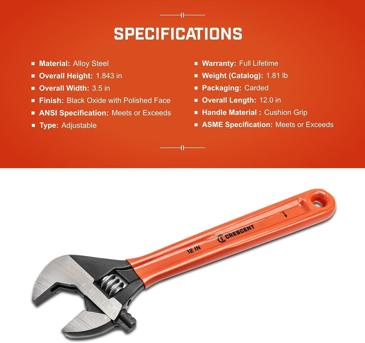 A detailed technical specifications list for the Crescent AT212CVS 12-inch adjustable wrench, detailing its alloy steel construction, black oxide finish, 1.81-pound weight, and full lifetime warranty.