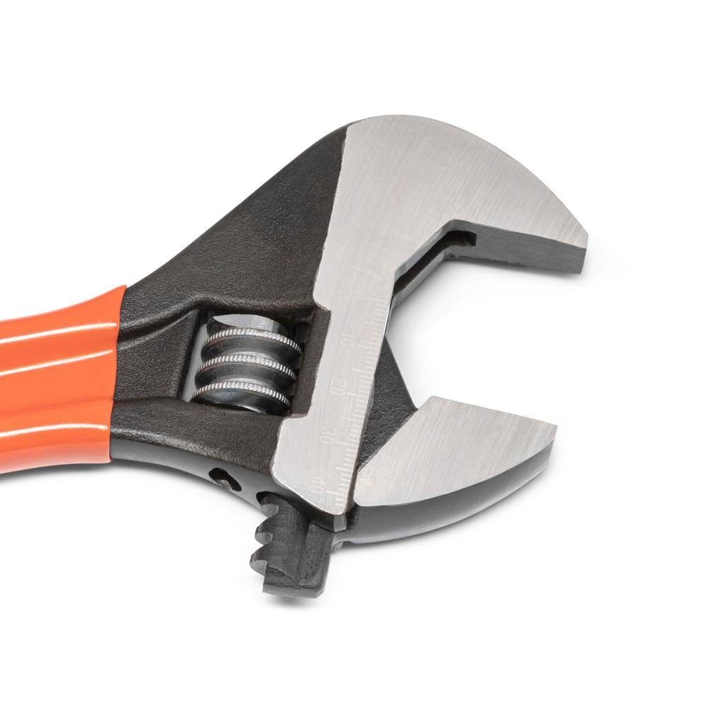 A detailed close-up of the black oxide Crescent adjustable wrench head, showcasing the precision-machined adjustable hex jaw and the high-visibility laser-etched metric scale for fast fastener sizing up to 40mm.